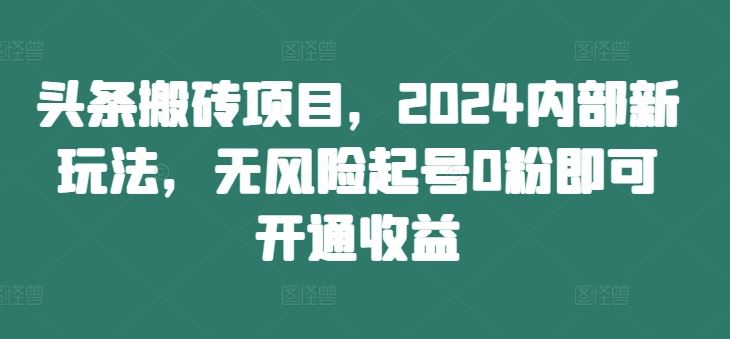 头条搬砖项目，2024内部新玩法，无风险起号0粉即可开通收益-知新学吧